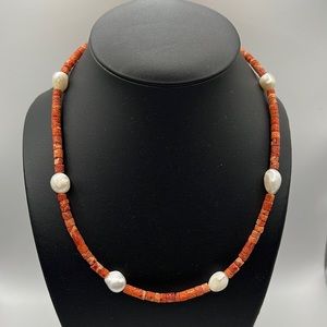 ARTISAN RED SPONGE CORAL, BAROQUE PEARL, & STERLING SILVER 18.5” NECKLACE